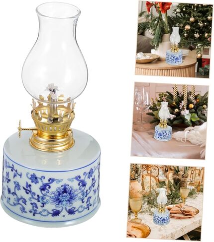 Vintage Glass Kerosene Lamp Elegant Blue and White Porcelain Hurricane Lantern for Indoor Lighting Rustic Oil Lamp for Home Decor Tea Rooms and Emergency Use in Saudi Arabia