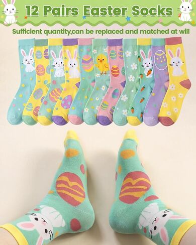12 Pairs Easter Socks for Adults Teens Girls Funny Spring Egg Bunny Carrot Patterns Crew Socks Spring Festive Gift Easter Party Favors in Saudi Arabia