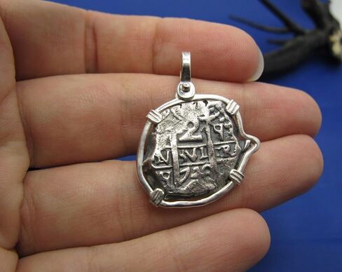 Sterling Silver Hand Bezeled "2 Reale" Odd Shaped Replica of Shipwreck Coin Recovered from Spanish Treasure Fleet (Unique Nautical Pendant) in Kuwait