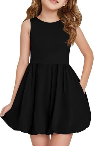 Haloumoning Girls Summer Sleeveless Bubble Dress Kids Cute Crew Neck Tank Mini Dresses with Pockets 5-14 Years in Saudi Arabia