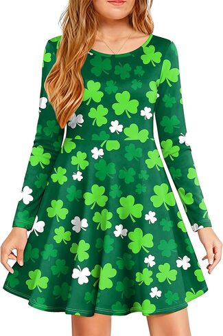 فستان VVNTY St Patricks Day للفتيات: فساتين طباعة شامروك للفتيات على شكل حرف A فستان كاجوال للعطلات 5-12 سنة in Kuwait