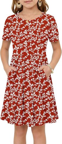 فستان بناتي صيفي قصير الأكمام للأطفال، كاجوال برقبة دائرية، بطيات، فضفاض، على شكل حرف A، طول الركبة، لطيف مع جيوب in Kuwait