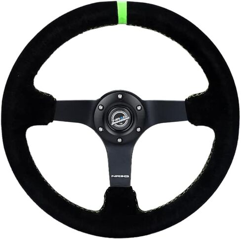 NRG Innovations NRG-RST-036MB-S-GN Reinforced Steering Wheel 3" Deep, 5mm Matte Black Spoke, 350mm, Black Suede with Neon Green Baseball Stitching/Center Mark in Saudi Arabia