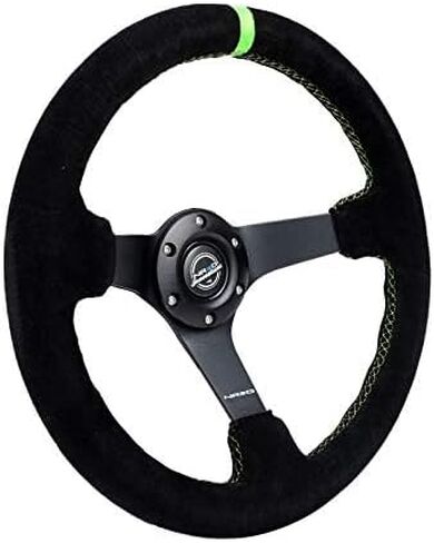 NRG Innovations NRG-RST-036MB-S-GN Reinforced Steering Wheel 3" Deep, 5mm Matte Black Spoke, 350mm, Black Suede with Neon Green Baseball Stitching/Center Mark in Saudi Arabia