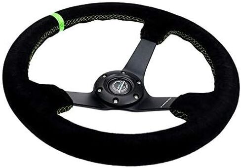 NRG Innovations NRG-RST-036MB-S-GN Reinforced Steering Wheel 3" Deep, 5mm Matte Black Spoke, 350mm, Black Suede with Neon Green Baseball Stitching/Center Mark in Saudi Arabia