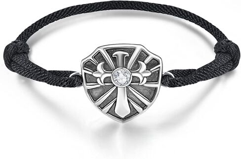 PRAYMOS Mens Bracelet Black Braided Bracelets Sterling Silver Shield of Faith Rope Bracelet Adjustable Bracelet 7+2" in Saudi Arabia