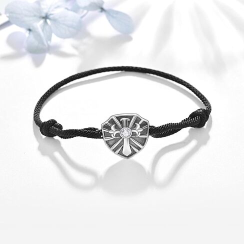 PRAYMOS Mens Bracelet Black Braided Bracelets Sterling Silver Shield of Faith Rope Bracelet Adjustable Bracelet 7+2" in Saudi Arabia