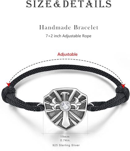 PRAYMOS Mens Bracelet Black Braided Bracelets Sterling Silver Shield of Faith Rope Bracelet Adjustable Bracelet 7+2" in Saudi Arabia