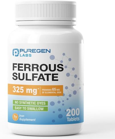 Puregen Labs كبريتات الحديدوز 325 مجم (65 مجم من الحديد الأولي) مكمل حديد عالي الفعالية | لا يحتوي على إضافات ألوان صناعية - إجمالي 400 قرص مصنوع في الولايات المتحدة الأمريكية in Kuwait
