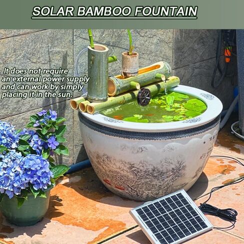 Bamboo Fountain Decoration Outdoor Solar Bamboo Fountain with Wind Water Wheel, Bamboo Fountain Kit with Water Pump, Three Water Outlet Holes, Bamboo Tube Flowing Water Device, for Indoor, G in Saudi Arabia
