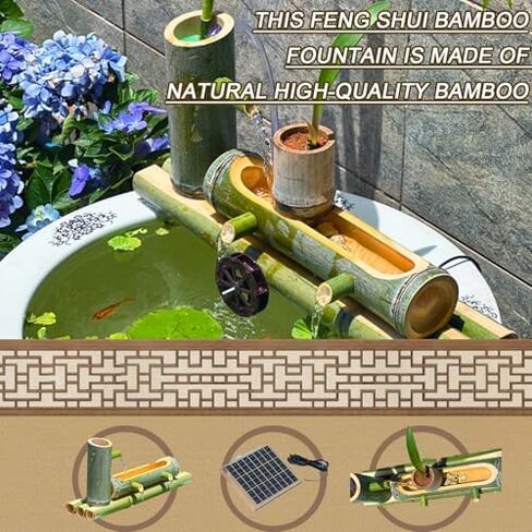 Bamboo Fountain Decoration Outdoor Solar Bamboo Fountain with Wind Water Wheel, Bamboo Fountain Kit with Water Pump, Three Water Outlet Holes, Bamboo Tube Flowing Water Device, for Indoor, G in Saudi Arabia