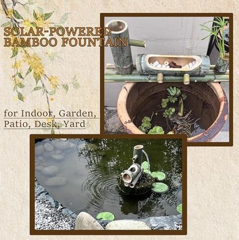 Bamboo Fountain Decoration Outdoor Solar Bamboo Fountain with Wind Water Wheel, Bamboo Fountain Kit with Water Pump, Three Water Outlet Holes, Bamboo Tube Flowing Water Device, for Indoor, G in Saudi Arabia