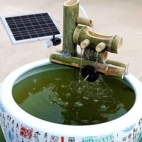 Bamboo Fountain Decoration Outdoor Solar Bamboo Fountain with Wind Water Wheel, Bamboo Fountain Kit with Water Pump, Three Water Outlet Holes, Bamboo Tube Flowing Water Device, for Indoor, G in Saudi Arabia
