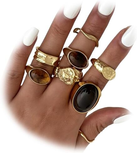 Vintage Brown Crystal Stone Chunky Gold Ring Stacking for Women Dainty, Retro Silver Resin Pleated Open Finger Rings Stylish Prom Party Jewelry Gifts in Saudi Arabia