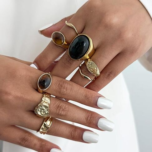 Vintage Brown Crystal Stone Chunky Gold Ring Stacking for Women Dainty, Retro Silver Resin Pleated Open Finger Rings Stylish Prom Party Jewelry Gifts in Saudi Arabia