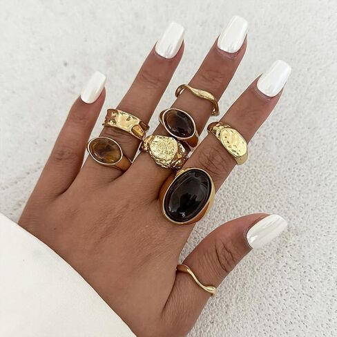 Vintage Brown Crystal Stone Chunky Gold Ring Stacking for Women Dainty, Retro Silver Resin Pleated Open Finger Rings Stylish Prom Party Jewelry Gifts in Saudi Arabia