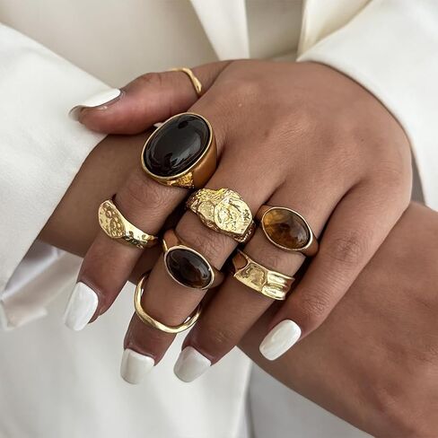 Vintage Brown Crystal Stone Chunky Gold Ring Stacking for Women Dainty, Retro Silver Resin Pleated Open Finger Rings Stylish Prom Party Jewelry Gifts in Saudi Arabia