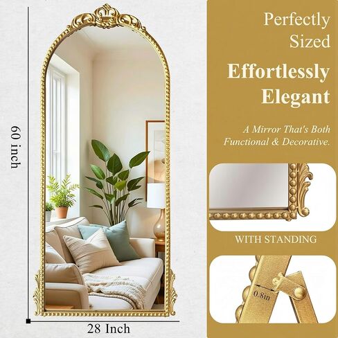 Arched Mirror Full Length: 60"x28" Gold Vintage Full Body Mirror Floor Antique Baroque Traditional Ornate for Entryway/Cloakroom/Bedroom/Living Room - Home Decor for Fashion-Conscious in Saudi Arabia