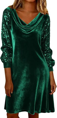 Velvet Dress for Women Casual Dressy Long Sleeve Cowl Neck Pleated Sequin Dresses Elegant Holiday Evening Party Clothe in Saudi Arabia