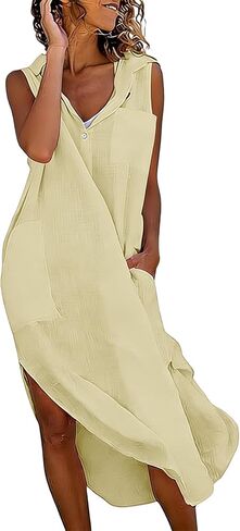 فستان من الكتان للنساء، فساتين قميص طويلة متموجة، طية صدر السترة، بدون أكمام، فتحة جانبية، مع جيب، ملابس الشاطئ in Kuwait