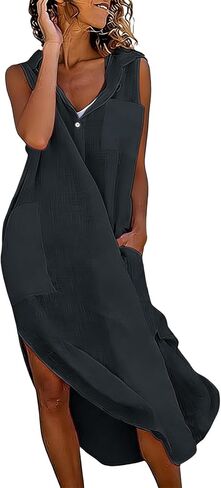 Linen Dress Women Casual Flowy Long Shirt Dresses Lapel Button Sleeveless Side Split Dress with Pocket Beach Clothes in Saudi Arabia