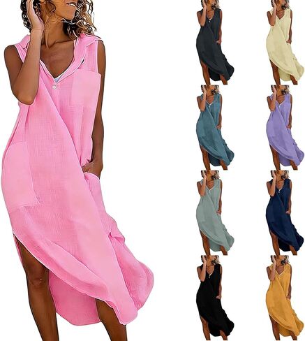 Linen Dress Women Casual Flowy Long Shirt Dresses Lapel Button Sleeveless Side Split Dress with Pocket Beach Clothes in Saudi Arabia