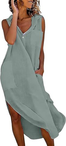 Linen Dress Women Casual Flowy Long Shirt Dresses Lapel Button Sleeveless Side Split Dress with Pocket Beach Clothes in Saudi Arabia