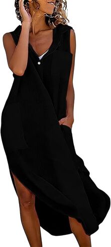 Linen Dress Women Casual Flowy Long Shirt Dresses Lapel Button Sleeveless Side Split Dress with Pocket Beach Clothes in Saudi Arabia