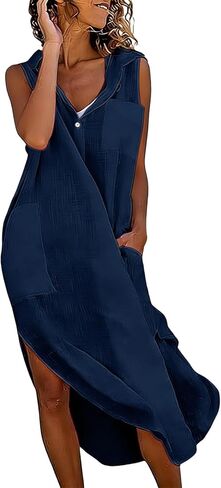 Linen Dress Women Casual Flowy Long Shirt Dresses Lapel Button Sleeveless Side Split Dress with Pocket Beach Clothes in Saudi Arabia
