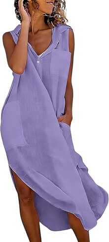 Linen Dress Women Casual Flowy Long Shirt Dresses Lapel Button Sleeveless Side Split Dress with Pocket Beach Clothes in Saudi Arabia