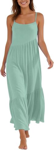 فستان JIEMUXIU كامي بدون ظهر للنساء فستان ماكسي متدرج صيفي بدون أكمام بحمالات رفيعة فساتين ملابس عطلة الشاطئ in Kuwait