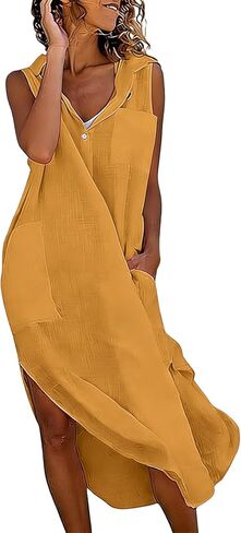 Linen Dress Women Casual Flowy Long Shirt Dresses Lapel Button Sleeveless Side Split Dress with Pocket Beach Clothes in Saudi Arabia
