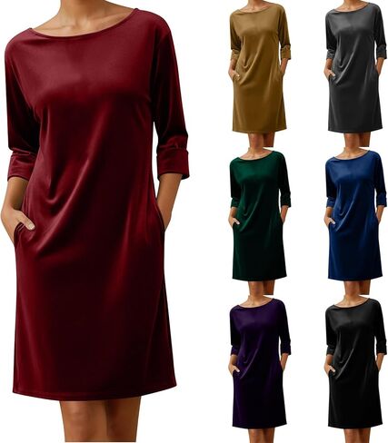 Velvet Dress for Womens 3/4 Sleeve Casual Dresses Crew Neck Midi Dresses A Line Party Cocktail Prom Dress with Pockets in Saudi Arabia