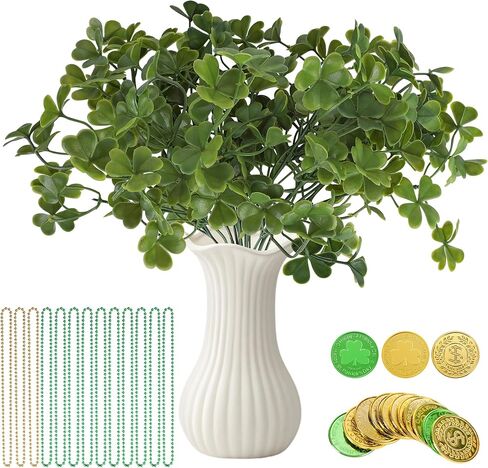Watayo 26 Pcs St. Patrick's Day Branches Picks with Beaded Coins, Artificial Shamrock Plant Bunch Beads Chain Coins, Irish Faux Clover Flower Greenery Stems Decor for Vase Filler Table Centerpiece in Saudi Arabia