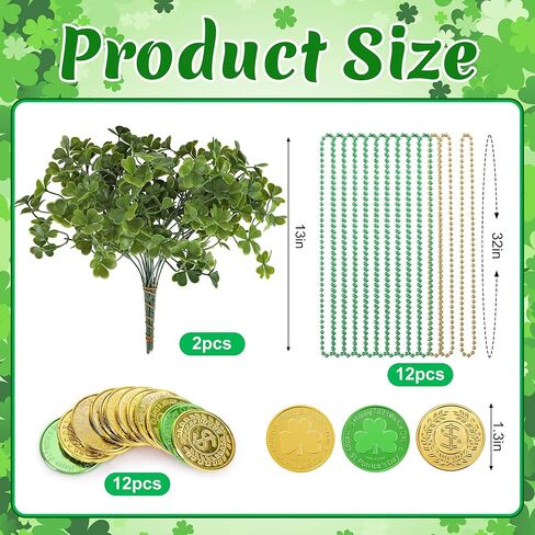 Watayo 26 Pcs St. Patrick's Day Branches Picks with Beaded Coins, Artificial Shamrock Plant Bunch Beads Chain Coins, Irish Faux Clover Flower Greenery Stems Decor for Vase Filler Table Centerpiece in Saudi Arabia