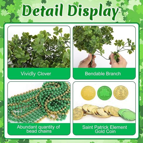 Watayo 26 Pcs St. Patrick's Day Branches Picks with Beaded Coins, Artificial Shamrock Plant Bunch Beads Chain Coins, Irish Faux Clover Flower Greenery Stems Decor for Vase Filler Table Centerpiece in Saudi Arabia