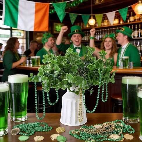 Watayo 26 Pcs St. Patrick's Day Branches Picks with Beaded Coins, Artificial Shamrock Plant Bunch Beads Chain Coins, Irish Faux Clover Flower Greenery Stems Decor for Vase Filler Table Centerpiece in Saudi Arabia