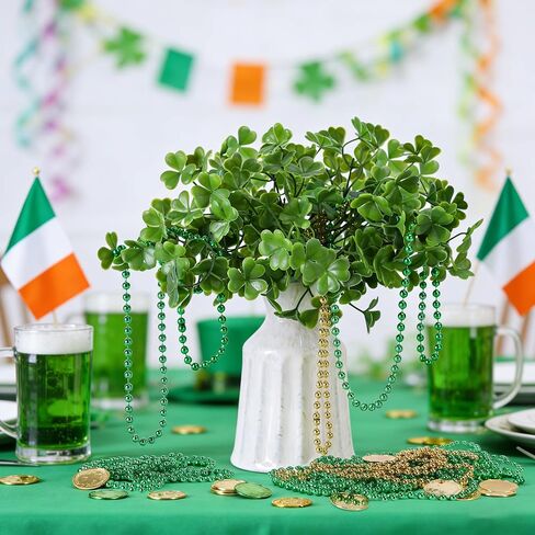 Watayo 26 Pcs St. Patrick's Day Branches Picks with Beaded Coins, Artificial Shamrock Plant Bunch Beads Chain Coins, Irish Faux Clover Flower Greenery Stems Decor for Vase Filler Table Centerpiece in Saudi Arabia