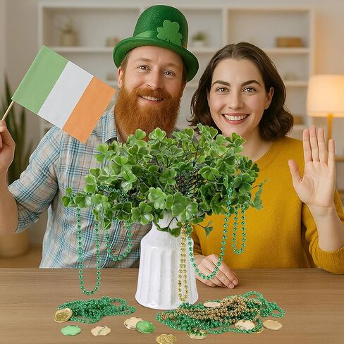 Watayo 26 Pcs St. Patrick's Day Branches Picks with Beaded Coins, Artificial Shamrock Plant Bunch Beads Chain Coins, Irish Faux Clover Flower Greenery Stems Decor for Vase Filler Table Centerpiece in Saudi Arabia