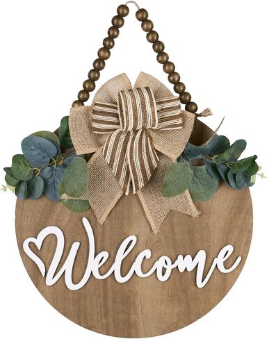Condorpasea 3D Welcome Sign for Front Door |Home/Farmhouse Porch Décor Wooden Hanging Sign with Artificial Leaves and Rustic Beads | Christmas Classroom |12" Round in Saudi Arabia