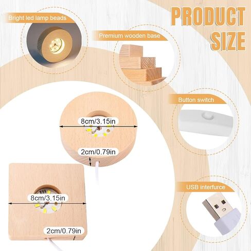 4pack LED Light Base, Round & Square Crystal Display Base for Glass Art/Acrylic, 3D Crystal Ball Wooden Lights Display, Warm Light Resin Art Pedestal Plate(3.2inch) in Kuwait