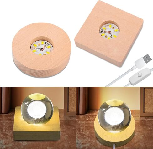 4pack LED Light Base, Round & Square Crystal Display Base for Glass Art/Acrylic, 3D Crystal Ball Wooden Lights Display, Warm Light Resin Art Pedestal Plate(3.2inch) in Kuwait