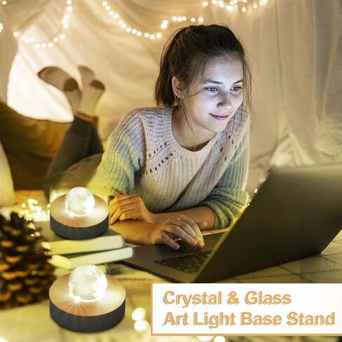 4pack LED Light Base, Round & Square Crystal Display Base for Glass Art/Acrylic, 3D Crystal Ball Wooden Lights Display, Warm Light Resin Art Pedestal Plate(3.2inch) in Kuwait