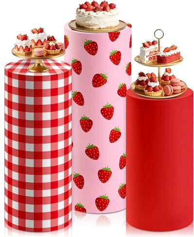 3 Pcs Strawberry Themed Cylinder Pedestal Stand Covers Red Pink Plaid Strawberry Round Plinth Pillar Cover for Birthday Party Wedding Baby Shower Decor in Saudi Arabia