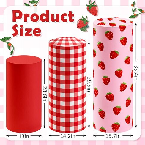 3 Pcs Strawberry Themed Cylinder Pedestal Stand Covers Red Pink Plaid Strawberry Round Plinth Pillar Cover for Birthday Party Wedding Baby Shower Decor in Saudi Arabia