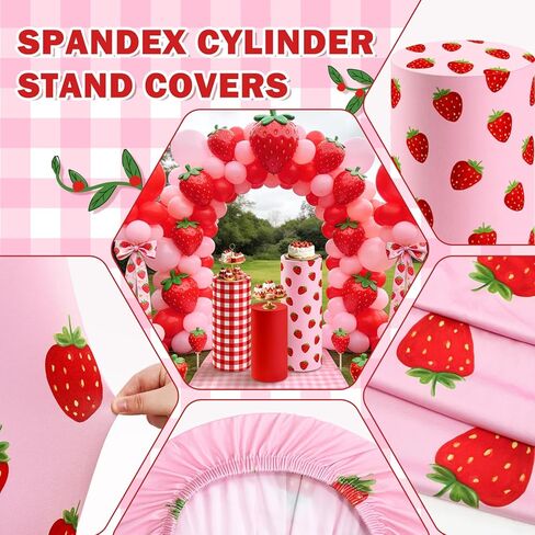 3 Pcs Strawberry Themed Cylinder Pedestal Stand Covers Red Pink Plaid Strawberry Round Plinth Pillar Cover for Birthday Party Wedding Baby Shower Decor in Saudi Arabia
