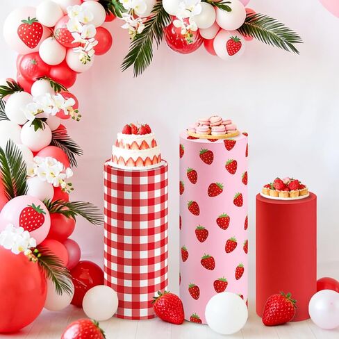3 Pcs Strawberry Themed Cylinder Pedestal Stand Covers Red Pink Plaid Strawberry Round Plinth Pillar Cover for Birthday Party Wedding Baby Shower Decor in Saudi Arabia