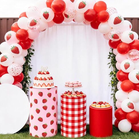 3 Pcs Strawberry Themed Cylinder Pedestal Stand Covers Red Pink Plaid Strawberry Round Plinth Pillar Cover for Birthday Party Wedding Baby Shower Decor in Saudi Arabia