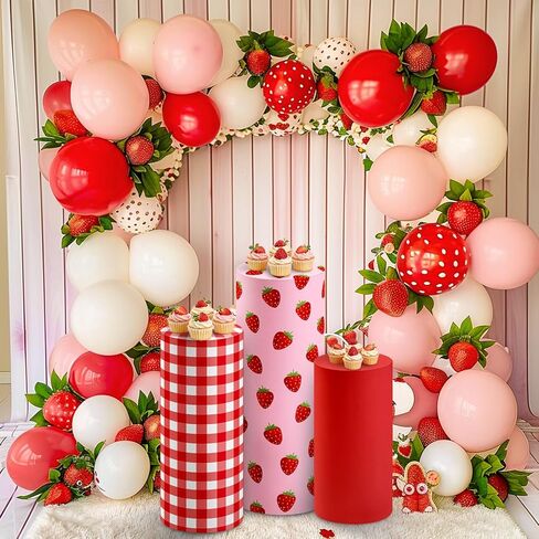 3 Pcs Strawberry Themed Cylinder Pedestal Stand Covers Red Pink Plaid Strawberry Round Plinth Pillar Cover for Birthday Party Wedding Baby Shower Decor in Saudi Arabia