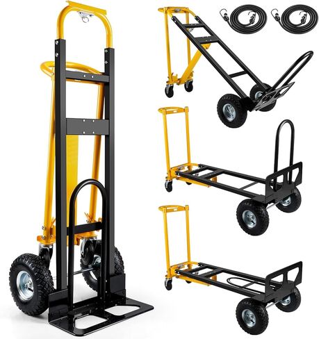 3 in 1 Convertible Hand Truck Dolly Cart with 10" Pneumatic Tire,1000LBS Capacity Hand Trucks Heavy Duty,Hand Cart with Bungee Cords for Logistics, Shopping, Home, Office Moving(Black Yellow) in Kuwait